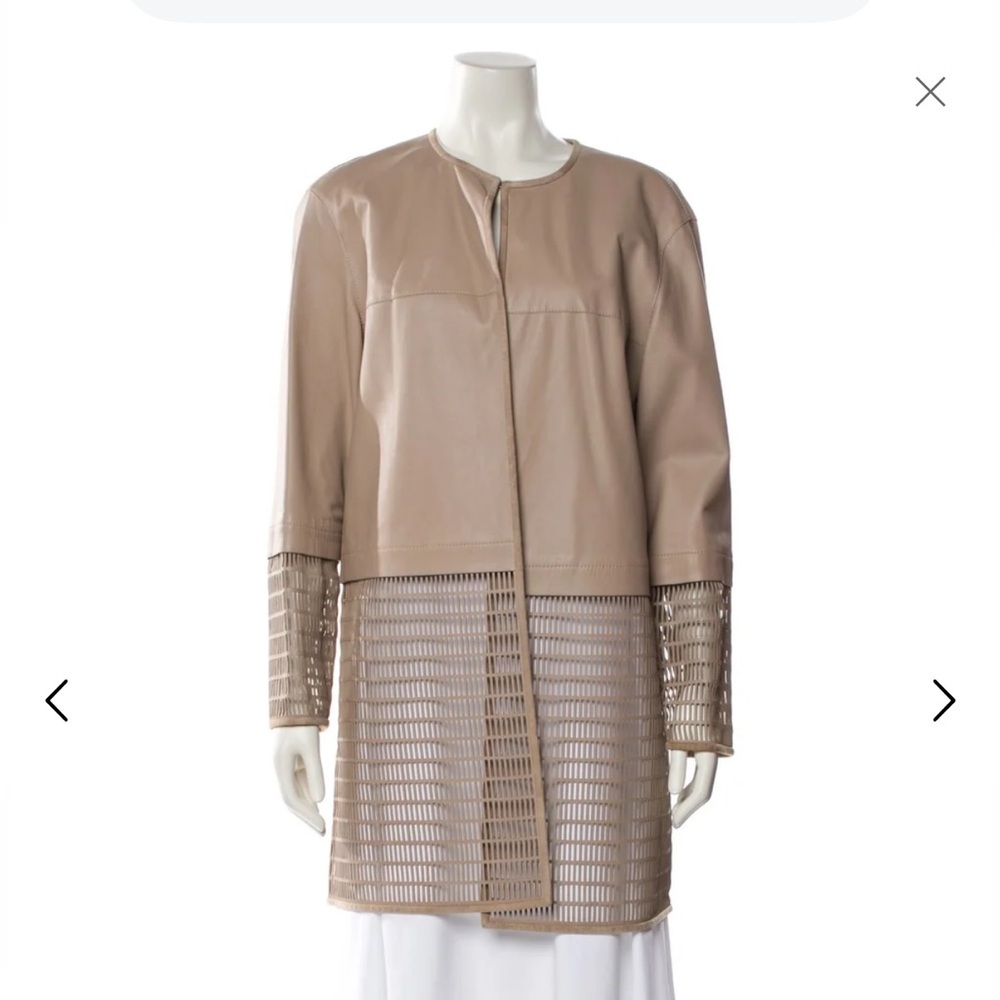 Lafayette 148 New York Taupe Openwork 100% Genuine Leather Cutout Trench Coat